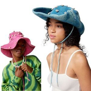 💯 Cotton Ombre Blue Foldable Crochet Wide Brim Sun Hat Faux Seashells Accents